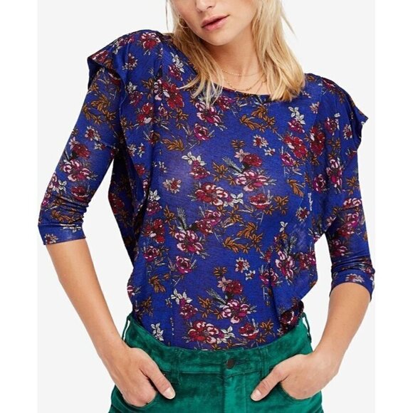 Free People Dock Street Ruffle Blouse Blue Floral Top Women's Medium - Picture 1 of 4